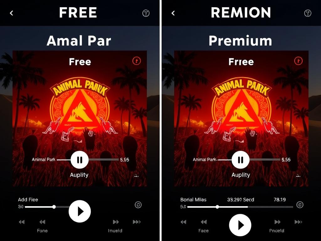 Comparison between free and premium music services showing quality differences for Animal Park Anthem