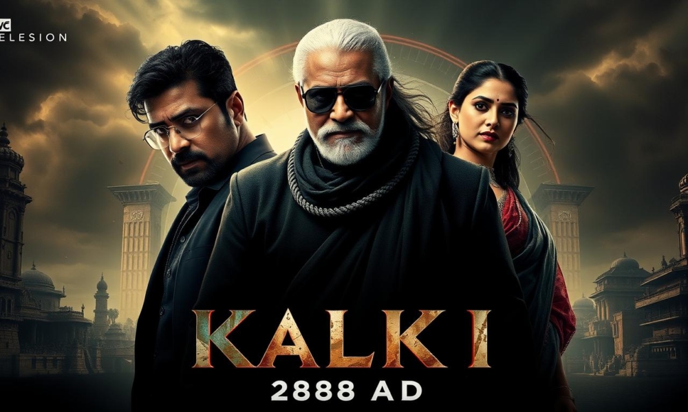 Kalki 2898 AD movie poster featuring Prabhas, Amitabh Bachchan and Deepika Padukone