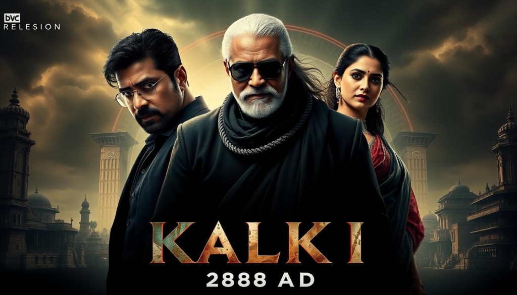 Kalki 2898 AD movie poster featuring Prabhas, Amitabh Bachchan and Deepika Padukone