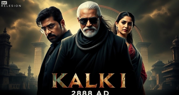 Kalki 2898 AD movie poster featuring Prabhas, Amitabh Bachchan and Deepika Padukone