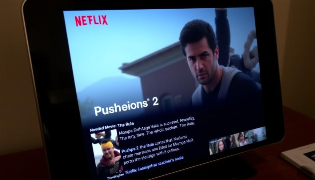 Netflix streaming platform logo and interface showing Pushpa 2