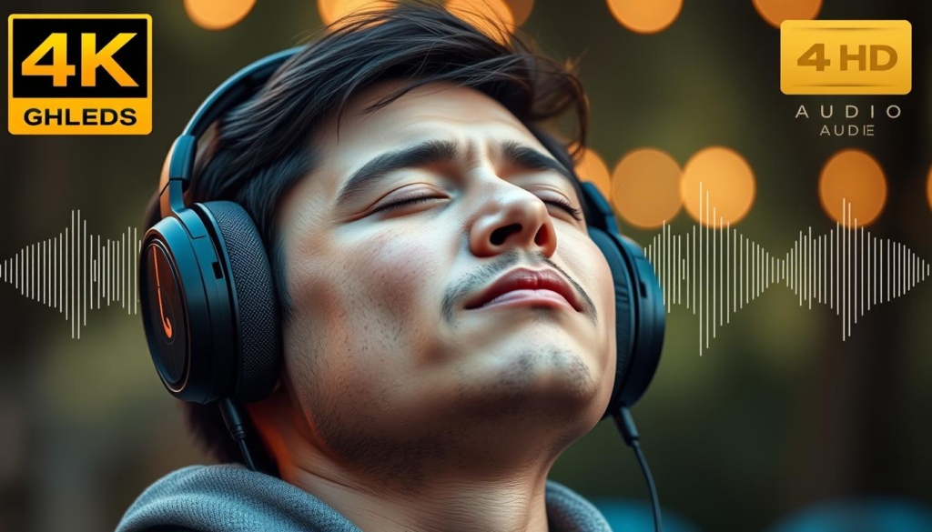 Person enjoying Animal Park Anthem in 4K HD audio with quality headphones