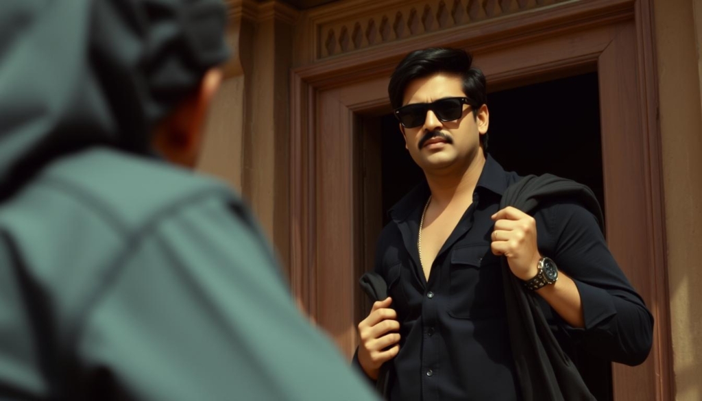 Rehman Dakait entry scene from Dhurandhar movie featuring Akshaye Khanna in black attire