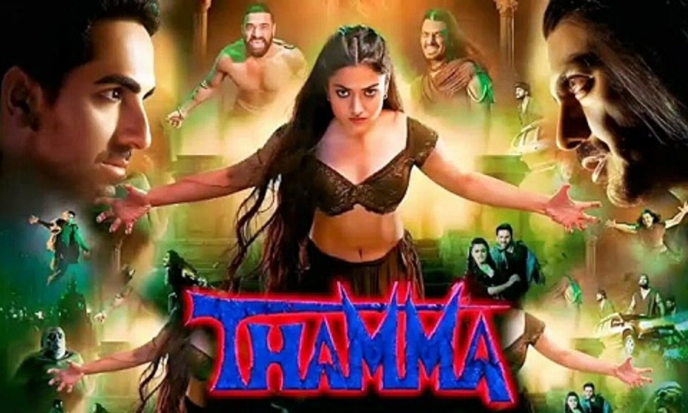 Thamma movie poster featuring Ayushmann Khurrana and Rashmika Mandanna in a supernatural setting