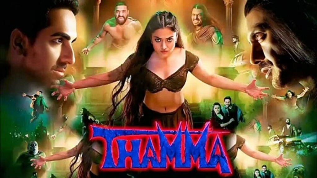 Thamma movie poster featuring Ayushmann Khurrana and Rashmika Mandanna in a supernatural setting
