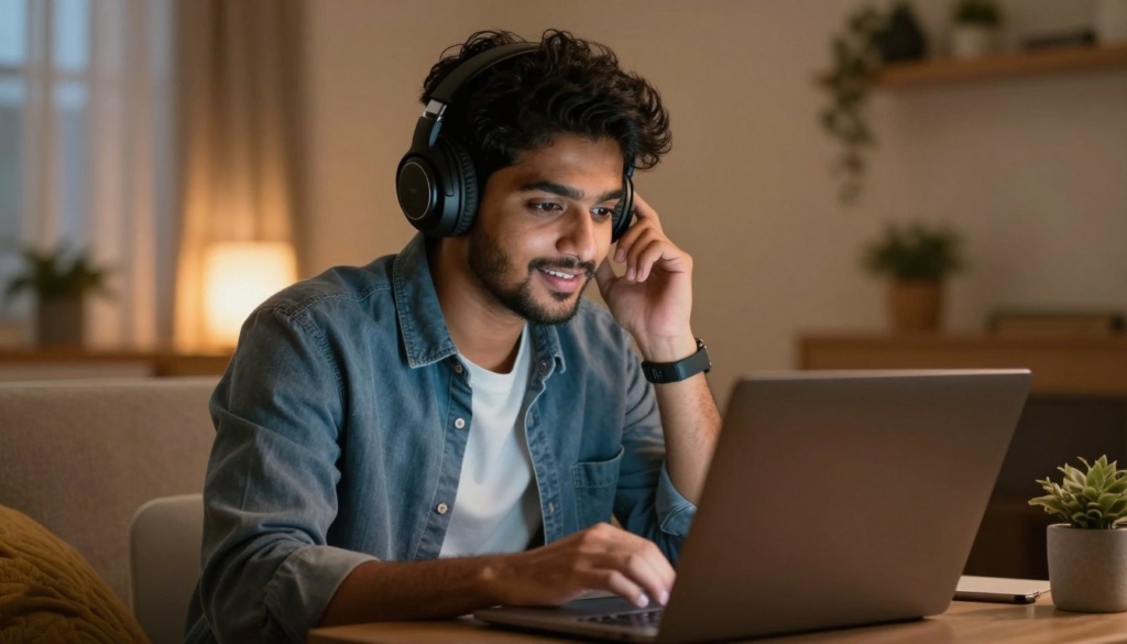 Customer watching Romeo movie on laptop with headphones