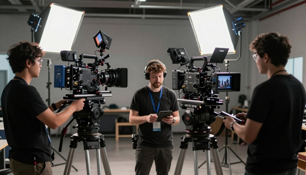 Film technical crew and production equipment setup