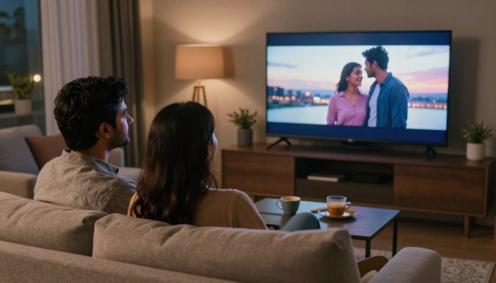 Happy couple watching Romeo movie together on TV